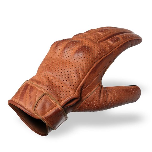 Men's Premium Waxed Austin Brown Leather Perforated Motorcycle Gloves - Picture 4 of 9